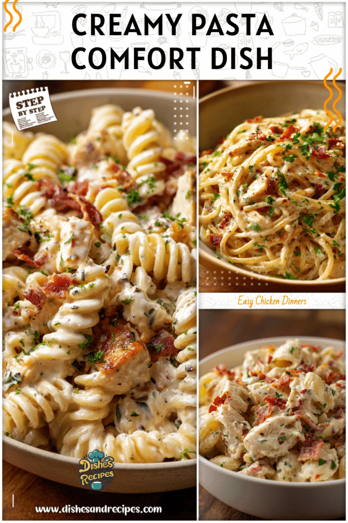 Bowl of creamy chicken bacon ranch pasta topped with herbs as a cozy main course idea.